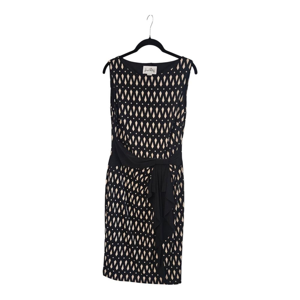 Joseph Ribkoff Dress Size 8 Black Tan Diamond Printed Cascading Front Stretch